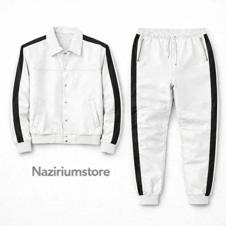Handgemaakt echt leren trainingspak - joggingstijl heren Brayden wit sweatsuit - sportkledingset afbeelding 5