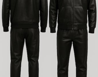 Herren Handgefertigt Schwarz Leder Trainingsanzug - Jogging-Stil Männer Brayden Geniune Leder Sweatsuit Trainingsanzug