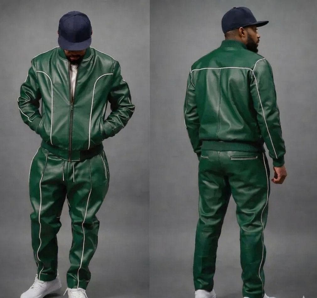 Green Leather Tracksuit - Jogging Style Men Brayden Geniune Leather Track Suit - Green/White Leather Sweatsuit