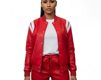 Women Geniune Leather Tracksuit - Girl's Real Leather Jacket & Trouser Set, Slim Fit Crop Top Trousers, 2 Piece Skinny Ladies Jogging Suit