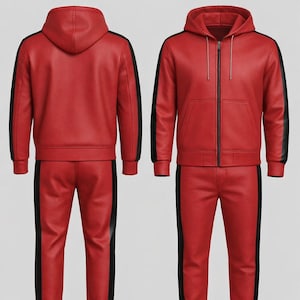 Puede incluir: Ch&aacute;ndal de cuero rojo con rayas negras en las mangas y perneras. La chaqueta tiene capucha y cremallera. El pantal&oacute;n tiene cintura el&aacute;stica. El conjunto es de dos piezas.
