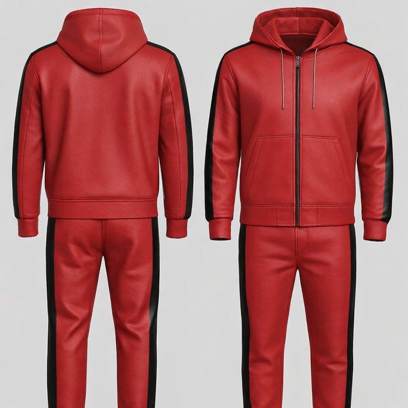 Puede incluir: Ch&aacute;ndal de cuero rojo con rayas negras en las mangas y perneras. La chaqueta tiene capucha y cremallera. El pantal&oacute;n tiene cintura el&aacute;stica. El conjunto es de dos piezas.