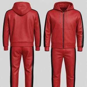 Puede incluir: Un ch&aacute;ndal de cuero rojo con rayas negras en las mangas y los lados del pantal&oacute;n. La chaqueta tiene capucha y cremallera frontal. El pantal&oacute;n tiene un dise&ntilde;o de pierna recta.