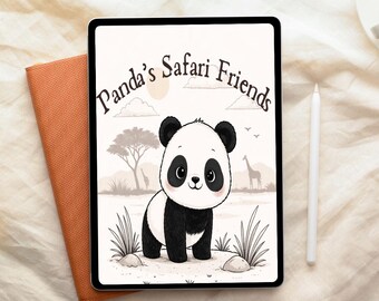 Op de afbeelding: Een digitale tablet met een zwarte rand toont een cartoon panda-illustratie met de tekst "Panda's Safari Friends". De panda is zwart en wit, tegen een savanne-achtergrond. Een oranje notitieboek en een witte stylus liggen naast de tablet.