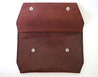 Leather Clutch in Burgundy Brown, double magnetic closure, brown stitching, maroon purse, magenta bag