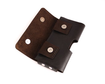 Dark Brown Leather iPhone 15 14 13 12 Holster including Pro or Pro Max or Mini- horizontal holder, loop or belt clip, magnetic closure