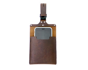 Handmade iPhone Holder for Strollers in Brown Distressed Leather. Smartphone pouch, fits Samsung Google Pixel etc. for Horizontal Bar Prams