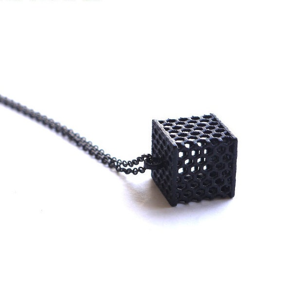 minimalist necklace - Perforated Black Honeycomb Cube Pendant. modern geometric jewelry, 3D Printed.