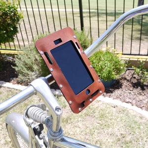 bike gift iPhone holder- Bicycle iPhone Holder in Brown or Black Leather. accessories beach cruiser, electric bikes, personalized bike mount