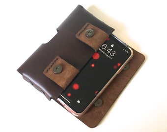 handmade iPhone 11 XR Holster in Dark Espresso Brown Leather- horizontal case, loop or belt clip, magnetic snaps