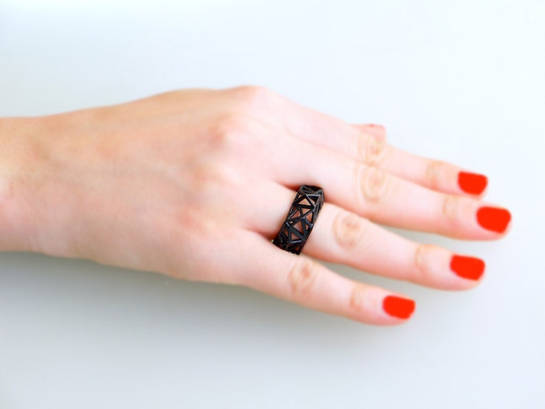 3D printed geometric ring Triangulated Ring in Black. triangle jewelry. modern statement jewelry image 2