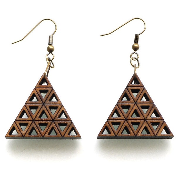 wood earrings, eco friendly fashion - Bamboo Accumulated Triangle Earrings.  natural, modern minimalist jewelry. geometric for spring summer