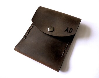 Personalized Minimal Snap Wallet in Brown Distressed Leather- one pocket, stitches or rivets, snap closure