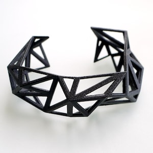 3d printed Triangulated Cuff bracelet in Black - Glossy Finish. modern statement jewelry. geometric jewelry