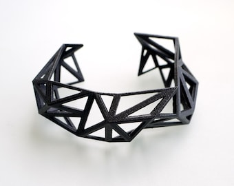 3d printed Triangulated Cuff bracelet in Black - Glossy Finish. modern statement jewelry. geometric jewelry