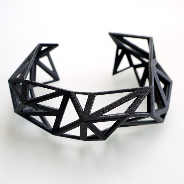 3d printed Triangulated Cuff bracelet in Black - Glossy Finish. modern statement jewelry. geometric jewelry