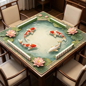 Koi Fish Lotus Pond Mahjong Table Mat, Zen Japanese Game Mat, Non-Slip Board Game Cover, Unique Mahjong Player Gift