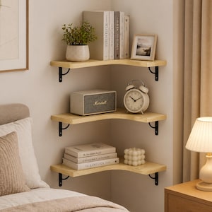 Estanterías de esquina, librerías flotantes de madera para esquinas, estantes de exhibición triangulares en forma de abanico, estantes de almacenamiento de pared para sala de estar.