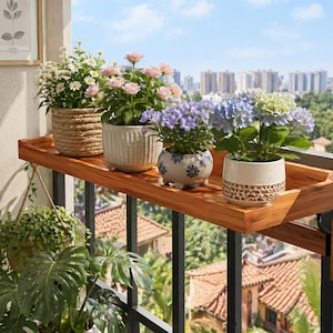 May include: A wooden balcony planter with four potted plants. The plants include white daisies, pink roses, purple flowers, and blue hydrangeas. The pots are various colors and styles, including a woven basket and ceramic pots.