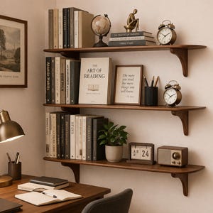 Solid wood wall-mounted bookshelf – black walnut/cherry wood hanging bookshelf with single shelf for study/bedroom.
