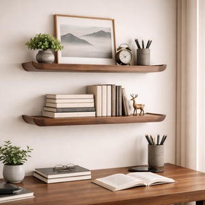 Puede incluir: Dos estantes flotantes de madera oscura montados en una pared blanca. El estante superior contiene una impresión enmarcada de un paisaje, una pequeña planta en maceta y un reloj despertador vintage. El estante inferior muestra libros y una pequeña figura de ciervo dorada.