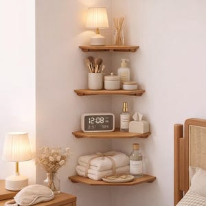 May include: A corner wall shelf unit made of light-colored wood. The shelves hold various items, including a digital clock displaying 12:08 AM, toiletries, towels, and decorative items. Two lamps with white shades are visible.