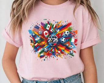 Kinder WM 2026 Fußball T-Shirt, Bunte Flaggen Fußball T-Shirt, Jugend Fan Outfit