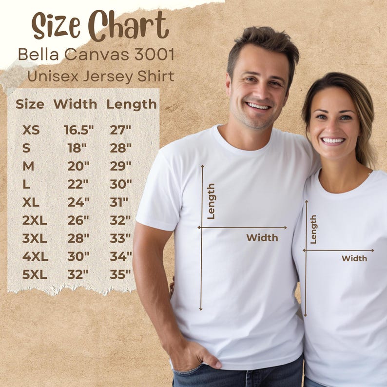 Pu&ograve; includere: Tabella delle taglie per una maglietta unisex Bella Canvas 3001, con misure in pollici. La tabella include le taglie XS a 5XL, con le corrispondenti misure di larghezza e lunghezza. Un uomo e una donna indossano la maglietta.