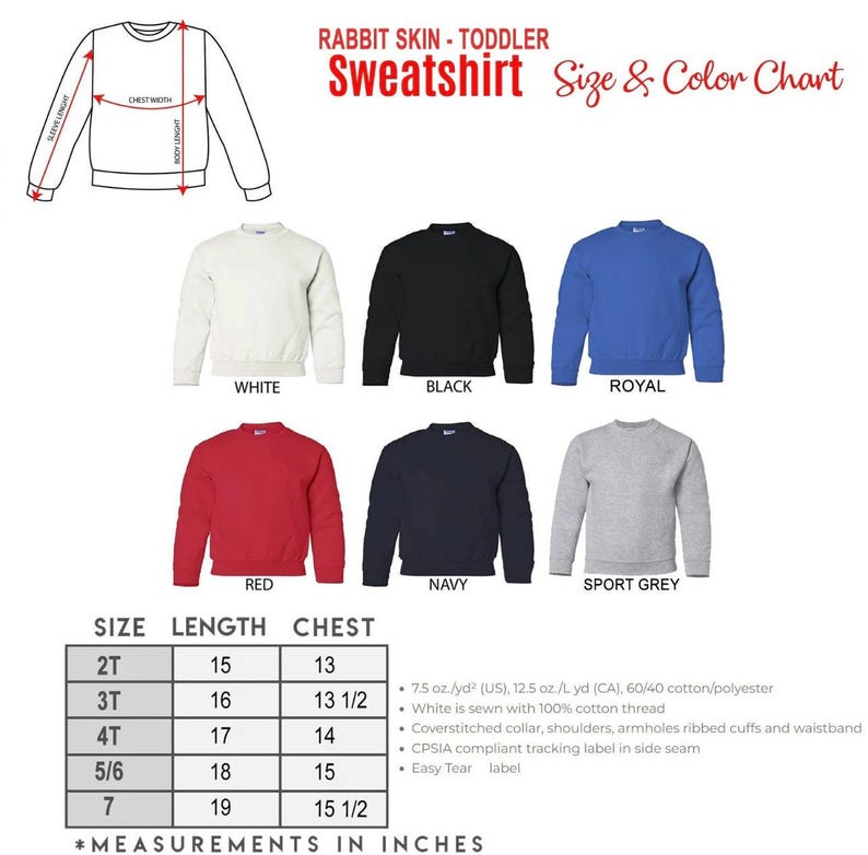 Pu&ograve; includere: Una tabella delle taglie e dei colori delle felpe per bambini piccoli. La tabella mostra vari colori: bianco, nero, blu reale, rosso, blu navy e grigio sportivo. Le misure sono in pollici. Il testo "Rabbit Skin - Toddler Sweatshirt" &egrave; in alto.