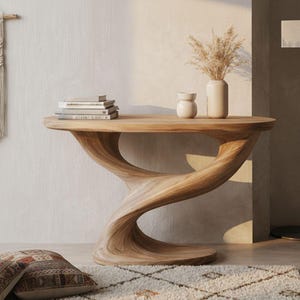 Pode incluir: Uma consola de madeira castanha clara com uma base escultural única. A mesa tem um tampo curvo e um design orgânico em espiral. É decorada com livros e vasos. A mesa está colocada sobre um tapete com almofadas estampadas.
