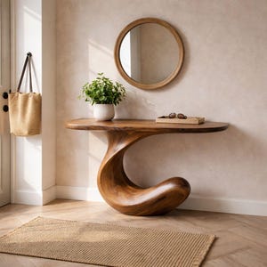 May include: A wooden console table with a unique, curved base and a round mirror above it. A small potted plant and a woven tray with sunglasses sit on the table. A woven tote bag hangs on the door.