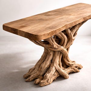 Może przedstawiać: Prostokątny drewniany stół z naturalnym wykończeniem. Podstawa wykonana jest ze splecionych gałęzi, tworząc unikalny, organiczny design. Blat stołu ma około 152 cm długości.