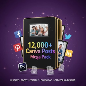 Puede incluir: Una pila de tarjetas digitales negras con borde dorado, con imágenes e iconos de redes sociales. Las tarjetas muestran el texto "12,000+ Canva Posts Mega Pack" y las palabras "INSTANT * BOOST * EDITABLE * DOWNLOAD * CREATORS & BRANDS".