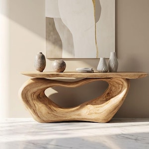 Puede incluir: Una consola de madera moderna con un diseño único y orgánico. La mesa presenta un acabado de madera natural y una base escultural con un gran espacio abierto. Varios jarrones decorativos y una pequeña pila de libros se encuentran sobre la mesa. La mesa mide aproximadamente 183 cm de largo.