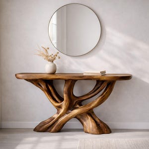 May include: A handcrafted wooden console table with a unique, organic design. The table features a natural wood finish and a sculptural base. A round mirror hangs above the table, and a small vase with dried flowers and a book are on top.