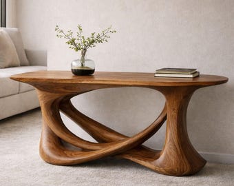 Consola escultural de madera maciza, mueble de entrada curvo moderno, pieza de pasillo natural