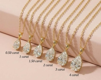 Birnenförmiger Moissanit-Solitärring | 0,5 bis 4 Karat, 14-karätiges Gold, Moissanit-Halskette für Damen | Zartes Geschenk zum Hochzeitstag