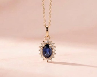 14K Solid Gold Oval Cut Sapphire Halo Anhänger Halskette, Diamant Hochzeitsschmuck, Geburtstagsgeschenke für Sie
