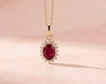 Halskette mit ovalem Rubinanhänger aus 14-karätigem Massivgold, Diamantschmuck für Hochzeiten, Geburtsstein Juli, Geburtstagsgeschenk für Sie
