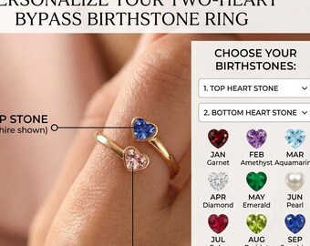 Personalisierter Herzring mit zwei Steinen, verstellbares Band aus Sterlingsilber, Geburtssteinring, Geschenk zum Muttertag, Jahrestag, Geschenk für sie