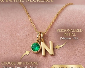 Geburtssteinkette für Kinder mit Initialen: Personalisierte Familienkette, 14 Karat vergoldet, Muttertagsgeschenk