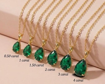 Halskette aus 14-karätigem Gold mit smaragdgrünem Tropfenanhänger • Anhänger in grüner Birnenform • Halskette aus Sterlingsilber mit Edelsteinen von 0,5 bis 4 Karat