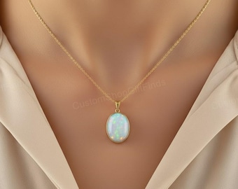 14k Gold Oval Opal Anhänger Halskette, Sterling Silber
