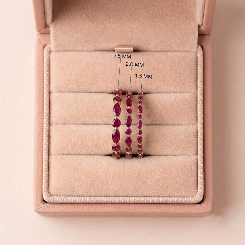 Delicate Ruby Gold Stacking Ring | Marquise & Round Natural Ruby Eternity Band | Dainty Gemstone Anniversary Gift for Her | July Birthstone