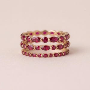Delicate Ruby Gold Stacking Ring | Marquise & Round Natural Ruby Eternity Band | Dainty Gemstone Anniversary Gift for Her | July Birthstone