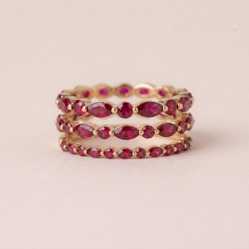 Delicate Ruby Gold Stacking Ring | Marquise & Round Natural Ruby Eternity Band | Dainty Gemstone Anniversary Gift for Her | July Birthstone