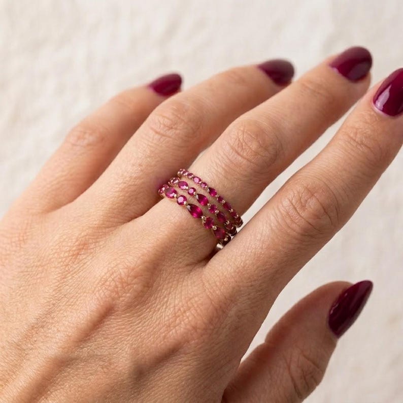Delicate Ruby Gold Stacking Ring | Marquise & Round Natural Ruby Eternity Band | Dainty Gemstone Anniversary Gift for Her | July Birthstone