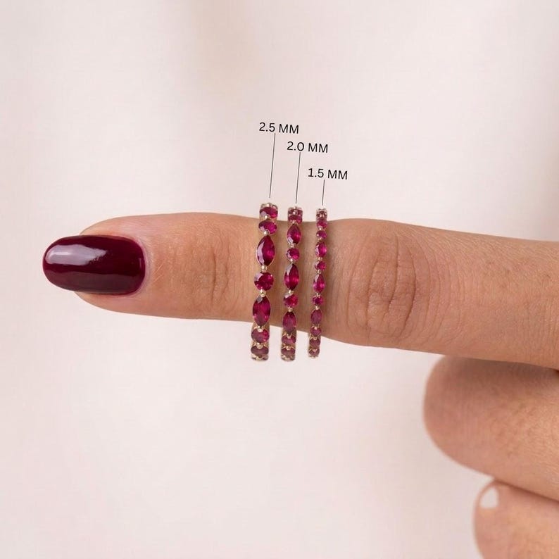 Delicate Ruby Gold Stacking Ring | Marquise & Round Natural Ruby Eternity Band | Dainty Gemstone Anniversary Gift for Her | July Birthstone