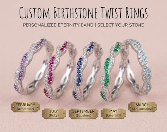 Personalisierter Sterling Silber Twist Ring, Doppel Geburtssteine, Mutter Tochter Geschenk, Einzigartiges Valentinstag Geschenk