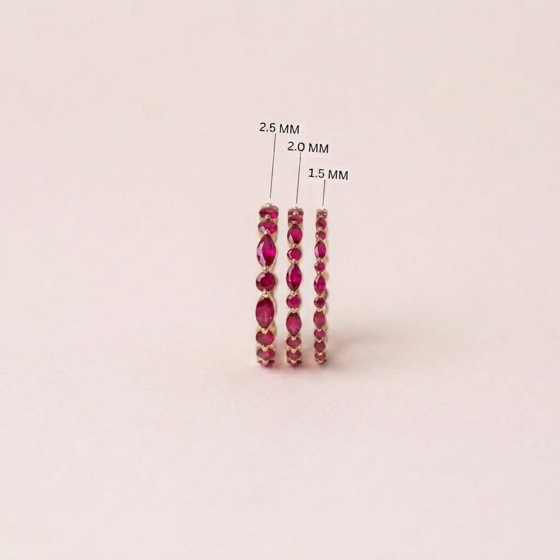 Delicate Ruby Gold Stacking Ring | Marquise & Round Natural Ruby Eternity Band | Dainty Gemstone Anniversary Gift for Her | July Birthstone